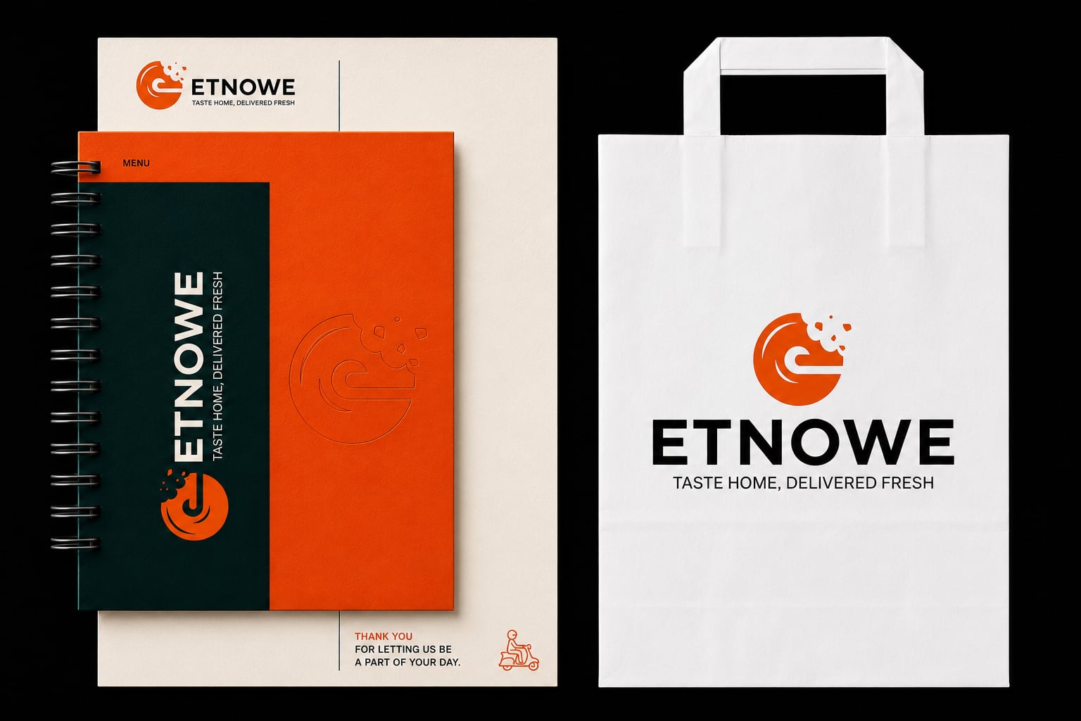ETNOWE brand collateral — menu booklet and takeaway bag